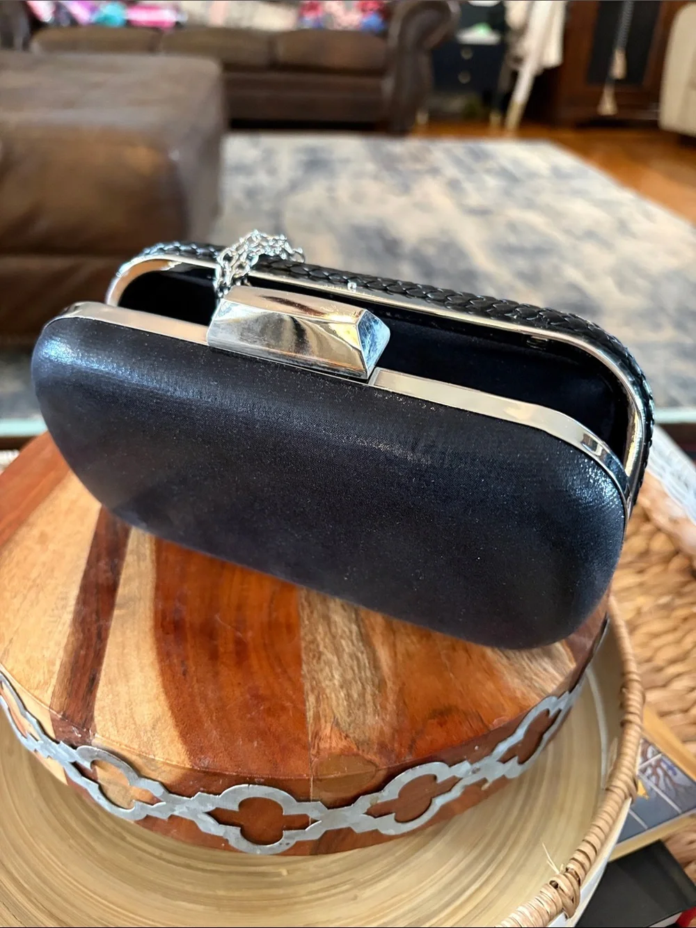 Elegant Black Woven Clutch with Silver Chain Strap
